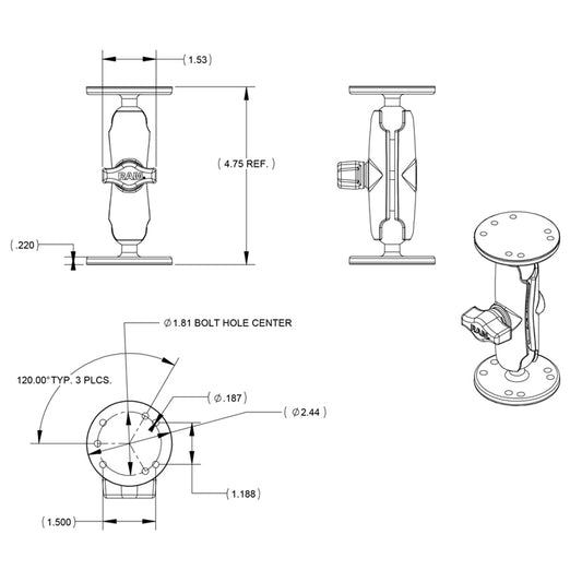 RAM Mount 1 Ball Double Socket Arm w2 25 Round Bases AMPS Hole Pattern RAMB101U