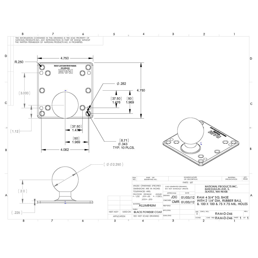 RAM Mount 100x100mm VESA Plate w225 Ball RAMD246U