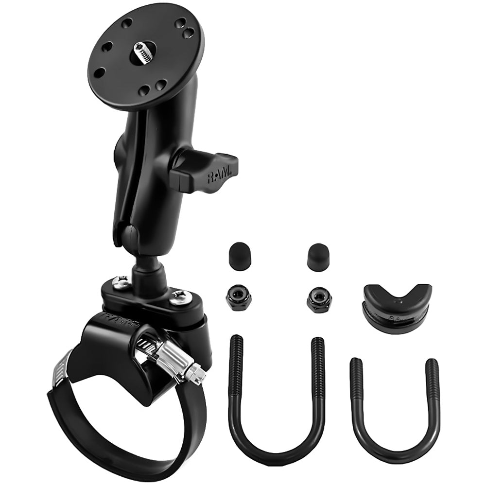 RAM Mount Strap Clamp Roll Bar Mount wStandard Length Double Socket Arm 25 Round Base w1420 Male Threaded Post