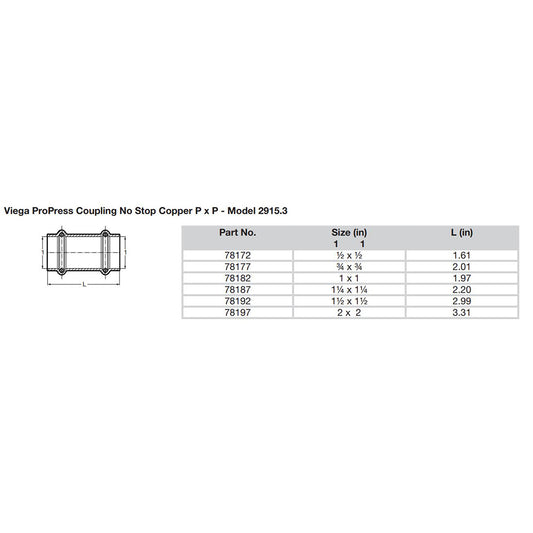 Viega ProPress 114 Copper Coupling wo Stop Double Press Connection Smart Connect Technology 78187