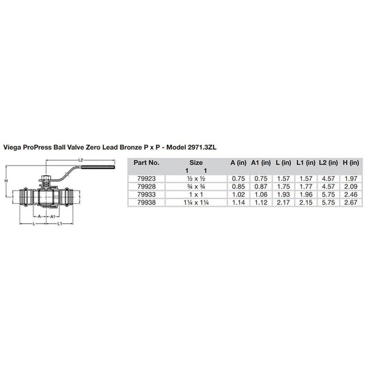 Viega ProPress 114 Zero Lead Bronze Ball Valve wStainless Stem Double Press Connection Smart Connect Technology 79938