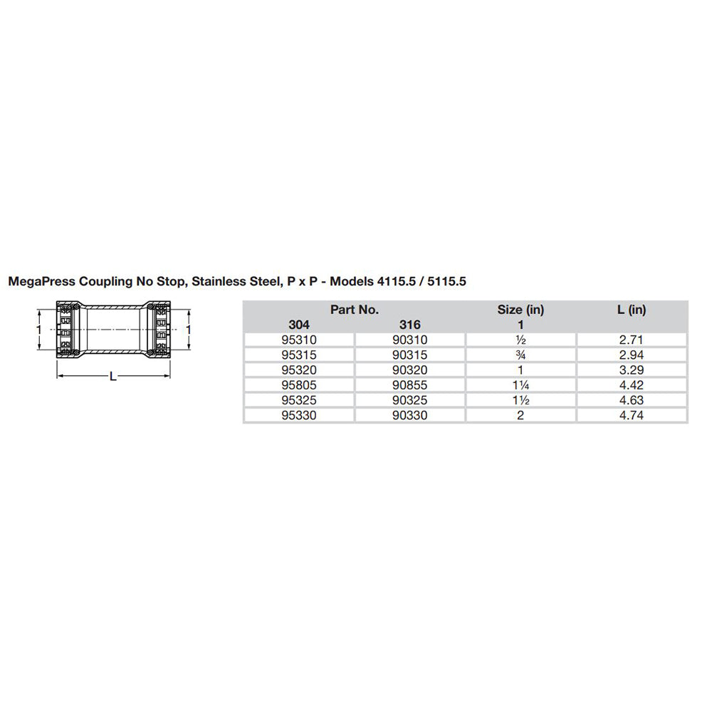 Viega MegaPress 1 Stainless Steel 304 Coupling wo Stop Double Press Connection Smart Connect Technology 95320
