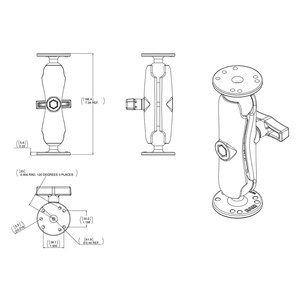 RAM Mount 15 Double Ball Mount with Hardware for Garmin Striker  More RAM101G4