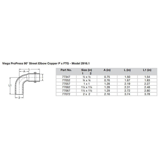 Viega ProPress 1  90 Copper Elbow  StreetPress Connection  Smart Connect Technology 77057
