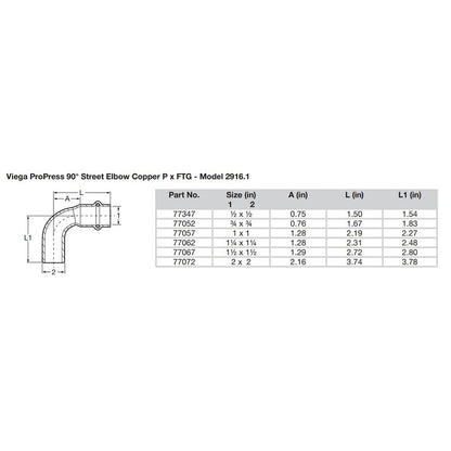 Viega ProPress 112  90 Copper Elbow  StreetPress Connection  Smart Connect Technology 77067