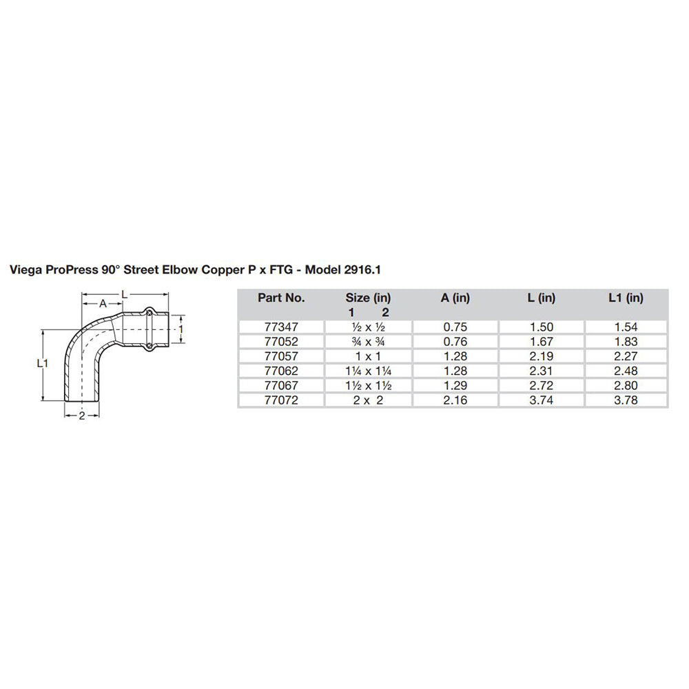 Viega ProPress 2  90 Copper Elbow  StreetPress Connection  Smart Connect Technology 77072