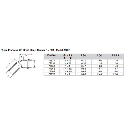 Viega ProPress 112  45 Copper Elbow  StreetPress Connection  Smart Connect Technology 77068