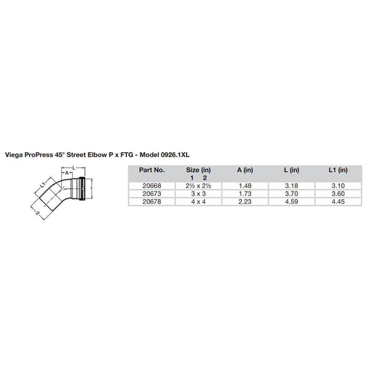 Viega ProPress  212  45 Copper Elbow  StreetPress Connection  Smart Connect Technology 20668