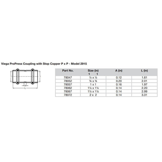 Viega ProPress 12 Copper Coupling wStop  Double Press Connection  Smart Connect Technology 78047