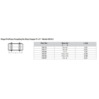 Viega ProPress 1 Copper Coupling wo Stop  Double Press Connection  Smart Connect Technology 78182