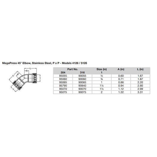 Viega MegaPress 112 45 Stainless Steel 304 Elbow  Double Press Connection  Smart Connect Technology 95070