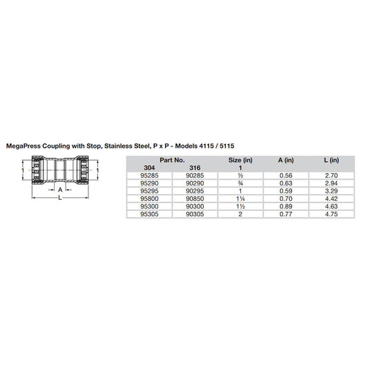 Viega MegaPress 2 Stainless Steel 304 Coupling wStop  Double Press Connection  Smart Connect Technology 95305