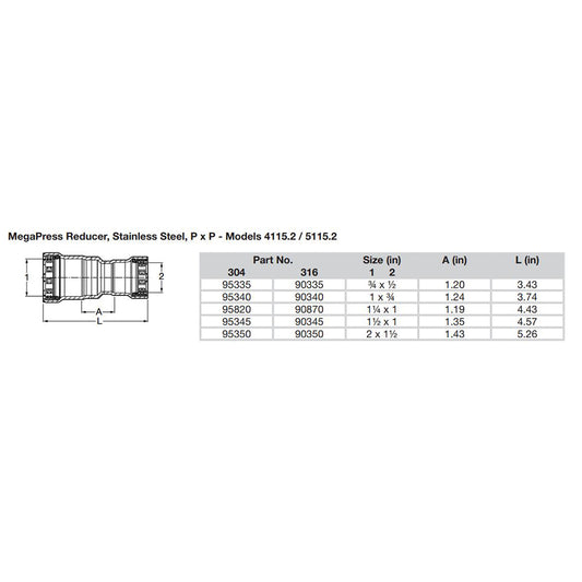 Viega MegaPress 2 x 112 Stainless Steel 304 Reducer  Double Press Connection  Smart Connect Technology 95350